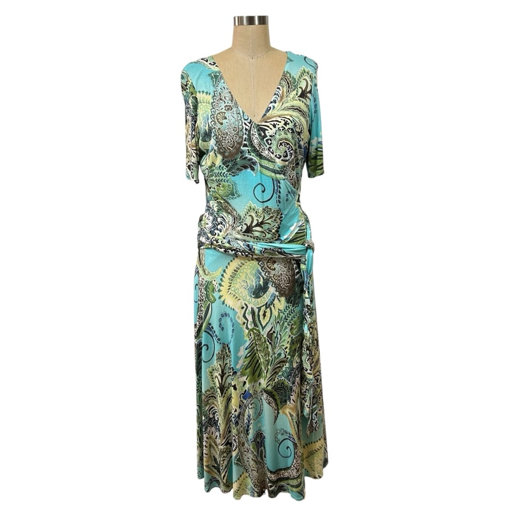 SUITE 7 Vibrant Teal Brown White Floral Patterned Lined Women’s Maxi Dress sz 16